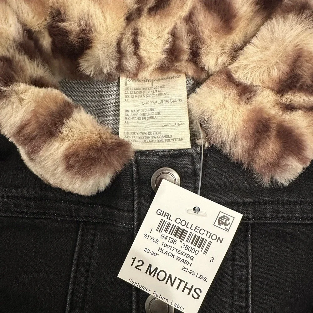 First Impressions Black Denim Jacket with Faux Fur Collar 12M‎